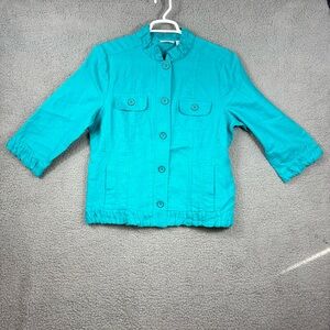 Chico's 3 Teal Turquoise Ruffled-Collar Button Jacket